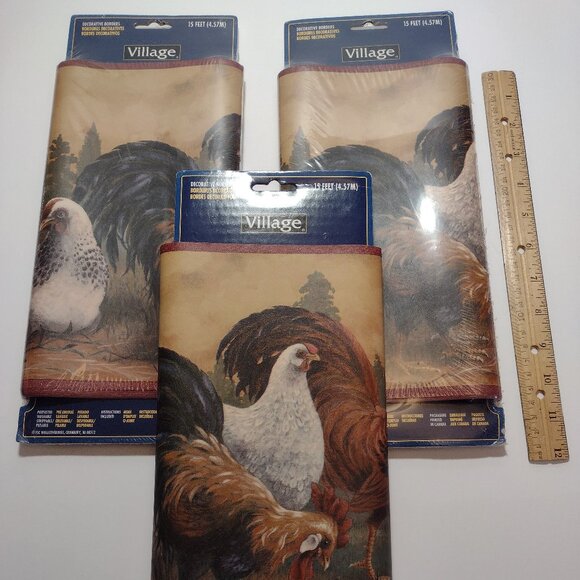 Lot of 3 Village Farm Fresh Rooster Chicken Prepasted Wallpaper Border Rolls